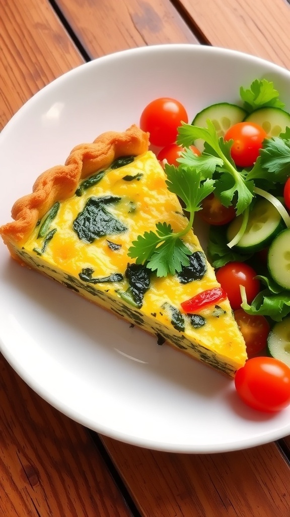A slice of spinach and cheese quiche with a side salad on a rustic table.
